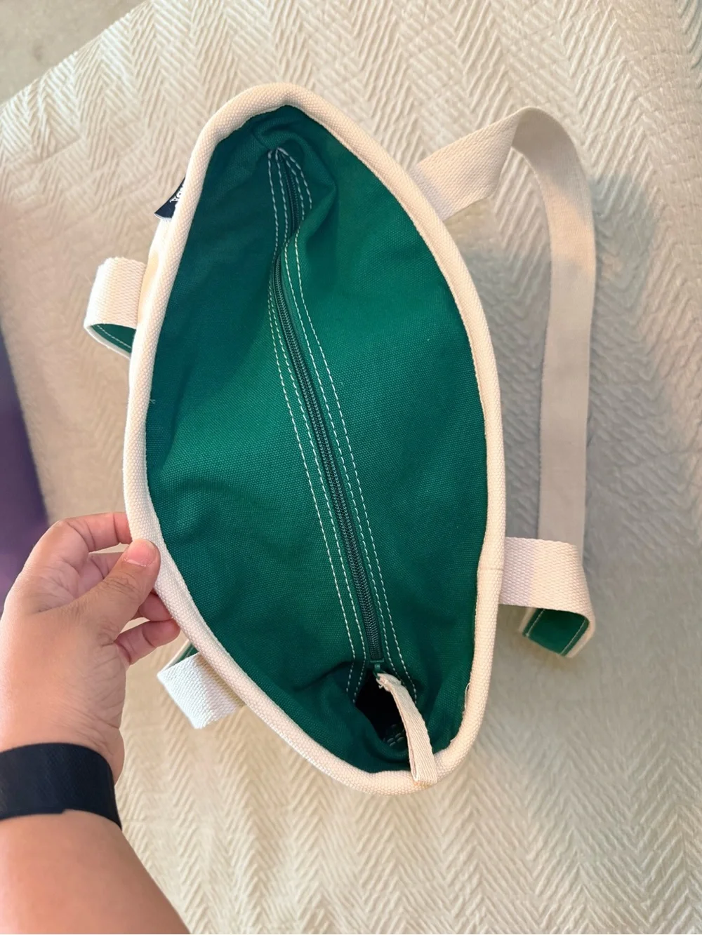 Lands' End Cream Canvas Tote with Green Trim and Base